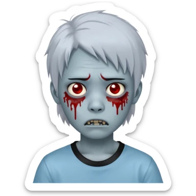 Create a 3D emoji-style avatar with very pale blue-grey zombie skin like the reference image, a young Asian face, and large eyes with blood tears. Give it white mullet-style hair, silver hoop earrings, and a simple black T-shirt. The expression should be neutral or slightly angry sticker