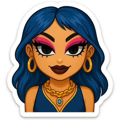 Make her eyes much scarier while keeping a nice and cute look, gyaru style, blue hair, pretty makeup, bratz baddie vibe, emoji style, with no background. sticker