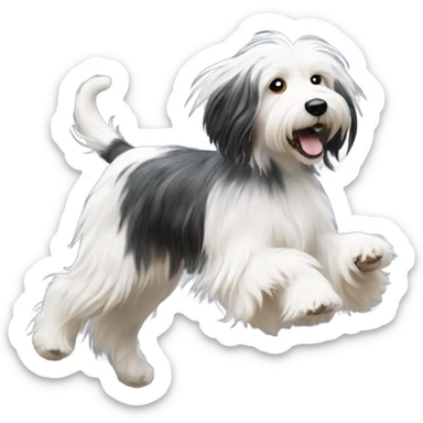 Create an emoji of a Tibetan terrier who is black and white running and playing with snowflakes sticker