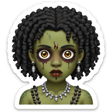 Zumbi with black and curly hair, studded earrings on both ears, black eye sticker