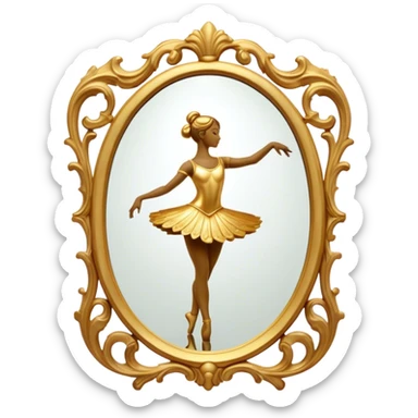 Cinematic Realistic Mirror, a large, ornate mirror reflecting a dancer’s poised silhouette, soft golden light creating depth, slight smudges on the glass adding realism, glowing with a timeless and artistic presence. sticker