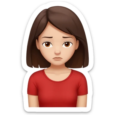 "Cartoon emoji of a young brunette woman with fair-medium skin, brown eyes, wearing a simple red top. Portrait mode, slouched, looking down, overthinking and insecure. Small frown, worried eyes. Smooth, friendly, stylized, Mary Jane–like appearance." sticker