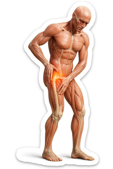 CORPO UMANO ANATOMICO A FIGURA INTERA REALISTICO CHE SI TOCCA L'ANCA INFIAMMATA, DOLORE ALL'ANCA, IPERREALISTICO 4K sticker