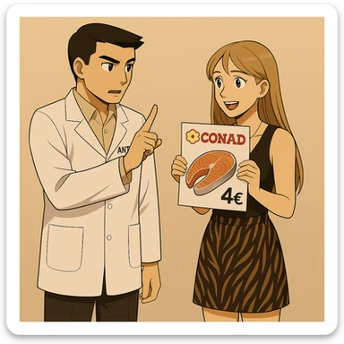 PRENDI SPUNTO DA QUESTE IMMAGINI PER FARE UN'ALTRA IMMAGINE: fai un webtoon/manga a colori con questo kinesiologo in camice bianco (fagli la scritta "ANTONIO ANANIA" SUL CAMICE) CHE PARLA CON QUESTA RAGAZZA CON GLI OCCHI AZZURRI. la ragazza è entusiasta dell'idea che ha avuto e mostra all'uomo un volantino del supermercato con la scritta "CONAD" IN ROSSO, SUL VOLANTINO CONAD FAI DISEGNATO UN TRANCIO DI SALMONE IN OFFERTA A 4€. IL KINESIOLOGO CON IL CAMICE BIANCO le FA IL GESTO "NO!" CON IL DITO PER ALLONTANARE IL VOLANTINO E LE SPIEGA CHE SI STA SBAGLIANDO. L'UOMO FALLO A SINISTRA E LA DONNA A DESTRA. FAI UN FORMATO 1:1, LE LORO FIGURE SI DEVONO VEDERE PER INTERO. NON FARE I FUMETTI, FAI SOLO LORO COME SE DIALOGASSERO sticker