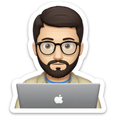 23 year old Azerbaijani man with very dark brown hair and beard with glasses and laptop , light yellow skin face sticker