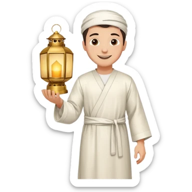 Young man with a happy smile, wearing a traditional white thobe and holding a lantern. sticker