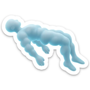 side view of unconscious person flying torso up, legs and arms down, made of small very bright white fluffy convex clouds with light blue glow, matte glass style sticker