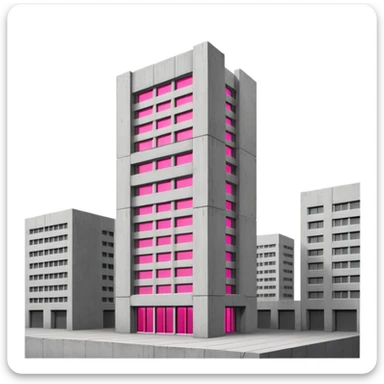Tall gray brutalist concrete tower with one bright pink window among many regular gray windows sticker