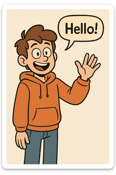 A boy brown hair how did say hello Orange hoodie blue jeans  sticker