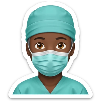 A dark-skinned man with brown eyes, wearing a teal surgical cap and face mask. sticker