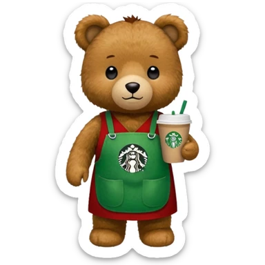 teddy bear wearing green apron with one cup of starbucks coffee sticker