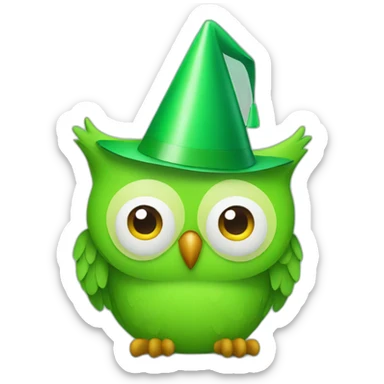 an green owl with a party hat sticker
