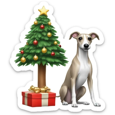 Christmas tree with a whippet sat by it sticker