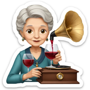 old lady with wineglass listening to gramophone sticker