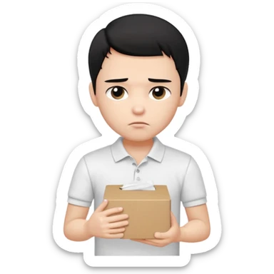 generate a pretty bratz boy with black hair, wearing a plain white polo shirt. Looking sad, holding a box of tissues in his right hand sticker