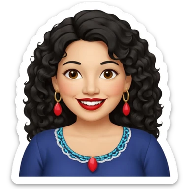 40 yr old Mexican woman, slightly chubby, wavy/curly long black hair, red lipstick, big smile, white teeth, brown eyes, hoop earings, side part to hair, round face, nice blouse, no wrinkle hair side swept, big hoop earing sticker
