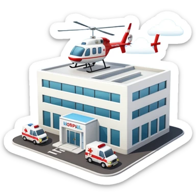 3d hospital outside, with text hospital, ambulance, helicopter , no background sticker