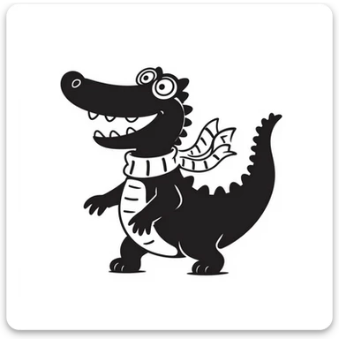 hand-drawn black outline doodle of a crocodile with aviator goggles and a scarf, energetic and fun sticker