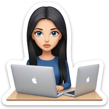 Glamours tanned very beautiful girl with pump peach/beige lips and black straight smooth long hair, blue-grey eyes with MacBook in office sticker