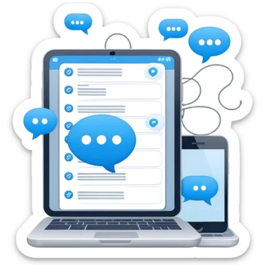 CRM system with icons like a contact book, database, chat bubbles, and interconnected lines. Use a modern, minimalist style with tech colors like blue and gray sticker