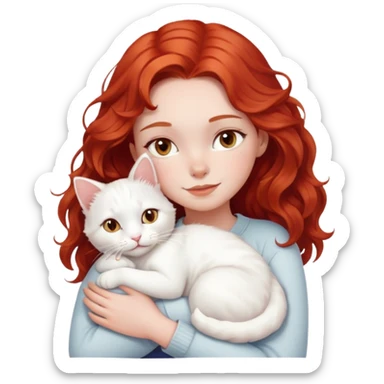 A young red and wavy head girl hugging a white cat sticker