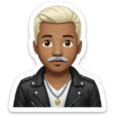 Sisqo, medium dark skin, brown eyes, platinum blonde hair and mustache, black leather jacket with chest and necklace sticker