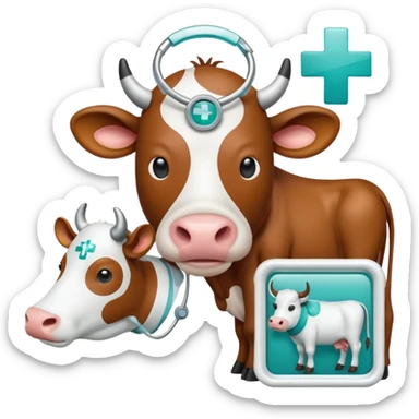 Emoji-style icon of a cow and buffalo with a medical cross and scan frame overlay, representing disease detection and health analysis. Friendly, clean, rounded design, clear at small sizes, teal and white accents, no text, transparent background. sticker