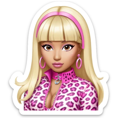 nicki minaj in super bass music video (pink and white leopard print outfit, hair left side blonde and right side pink with bangs) sticker