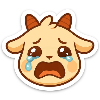 Chibi goat head only, sobbing in anguish with mouth open wide, big tears streaming down, anguished eyebrows, inspired by the anguished crying emoji reference, keep the simple clean chibi stickers style, designed for a small emote, white background. sticker