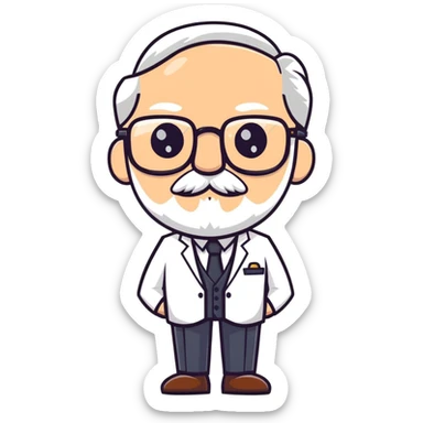 Colonel Sanders, old white man with square glasses, white goatee beard, white suit, KFC founder sticker