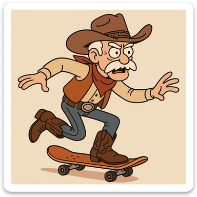 old man cowboy riding a skateboard, detailed hat, boots, western outfit, dynamic pose sticker