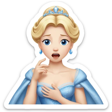 Cinematic Realistic Yawning Cinderella Portrait, showcasing lifelike porcelain skin and intricately detailed golden-blonde hair styled flawlessly as she mid-yawn reveals a moment of tender vulnerability. Her half-closed blue eyes and relaxed expression are rendered with natural, soft lighting that emphasizes the subtle textures of her face and the detailed, flowing fabric of her iconic gown. The scene glows with a cozy, authentic warmth that captures a rare, intimate moment of repose. sticker