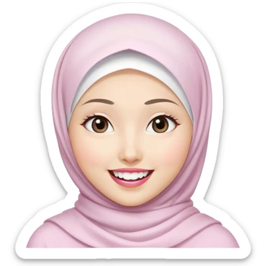 an Asian white woman with a white hijab, her face is small, her lips are pink, her eyes are shining, her face looks happy which shows her white teeth, her eyes are also smiling sticker
