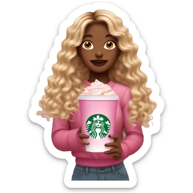 girl with brown and blonde ombré long curly hair holding Pink starbucks refresher sticker