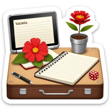 un letrero que diga VACACIONES y detrás un escritorio moderno, con una notebook, una agenda y una planta con una flor sticker