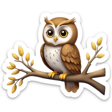A cute, round owl with big, expressive eyes, perched on a branch under a starry night sky, with soft feathers and a small moon in the background. sticker