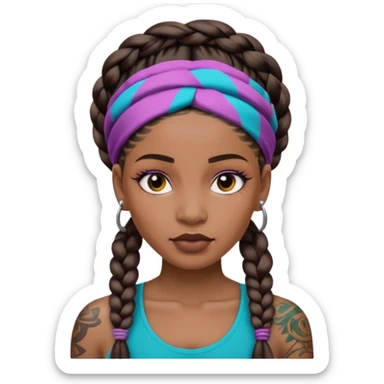big lose braids starting from the top of the head woman face wiith big visible braids and mono color headband on head  face and braids as big as headband and lots and lots of face tattoos colored tattoos like a tattoo artist hair unique color sticker