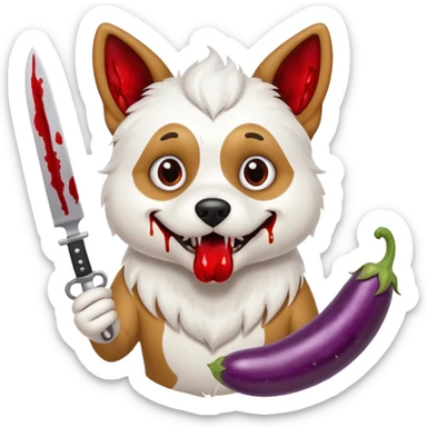 cartoon dog with manic eyes gripping blood-stained knife and eggplant in mouth sticker