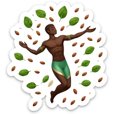 Spinach leaves, almonds, dark chocolate, and seeds floating around a relaxed body silhouette. Light beams flowing from these foods to the body's muscles and nervous system, creating a soothing, calming effect visualized as a gentle glow throughout the body. sticker