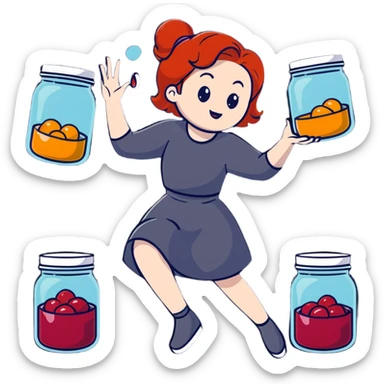 redhead woman juggling with 3 glass jars with jam sticker