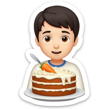 A dark haired boy eating carrot cake sticker