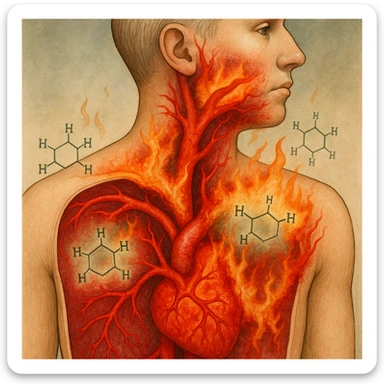 surreal medical illustration of a cross-section of a human body with arteries crossed by oxidized omega-6 fatty acids resembling flames or acid, inflaming tissues; hexane molecules as chemical specters; healthy-looking exterior but bright red and inflamed interior sticker