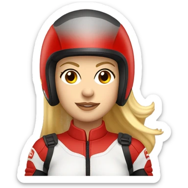 Mujer rubia en moto roja con casco rojo sticker