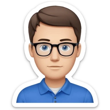 Scott The WozYoung white man, late 20s, short brown hair, blue eyes, clean-shaven, thin black rectangular glasses, slim build, wearing a blue polo shirt, friendly and energetic look. sticker