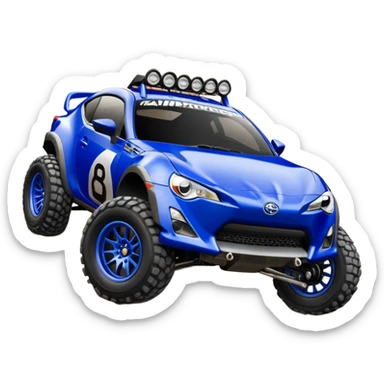 LCG Armored Dirty raced redneck jacked 2013 scion fr-s ultramarine off road 4wd monster Baja dessert stadium rock racer number 86 with long travel suspension, shiny silver wheels, exaggerated wide black fender flares  sticker