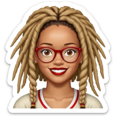 Rihanna with freckles and soccer mom dreadlocks island red and white jersey and cateye eyeglasses beautiful smile sticker