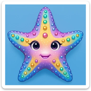 Add a soft blue background behind the apple emoji style rainbow pastel sea star with gems, keep the emoji style and all details. The style should resemble the original apple emoji style with rainbow pastel colors and gem details. sticker