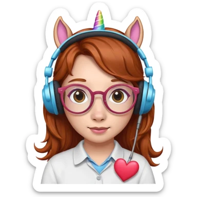 headphone wearing unicorn with dark ginger hair and heart shaped spectacles sticker