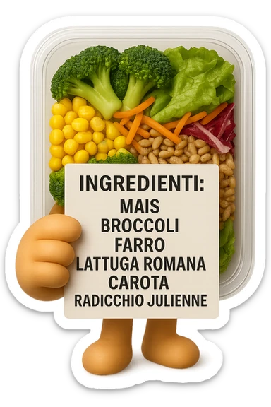 SU QUESTO STILE FAI UN EMOJI STILE IPHONE 3D DI UN INSALATA PRECONFEZIONATA DA SUPERMERCATO CON FOCUS SU ETICHETTA NUTRIZIONALE CON GLI INGREDIENTI IN ITALIANO TIPO: MAIS, BROCCOLI, FARRO, ACCANTO ALL'INSALATA CHE HA IN MANO C'è UN FOCUS SULL'ETICHETTA CON GLI INGREDIENTI SCRITTI, FALLO MOLTO REALISTICO IN 3D sticker