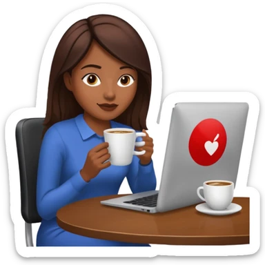 mujer tomando cafe y con un computador sentada en una mesa  sticker